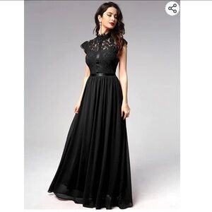 BLACK FLORAL EYELASH LACE CAP SLEEVE HIGH NECK FORMAL EVENING MAXI DRESS SzXL**